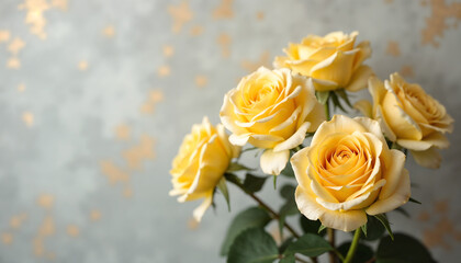 Obraz premium Bright yellow roses in full bloom beautifully arranged against a soft gray backdrop with golden accents 