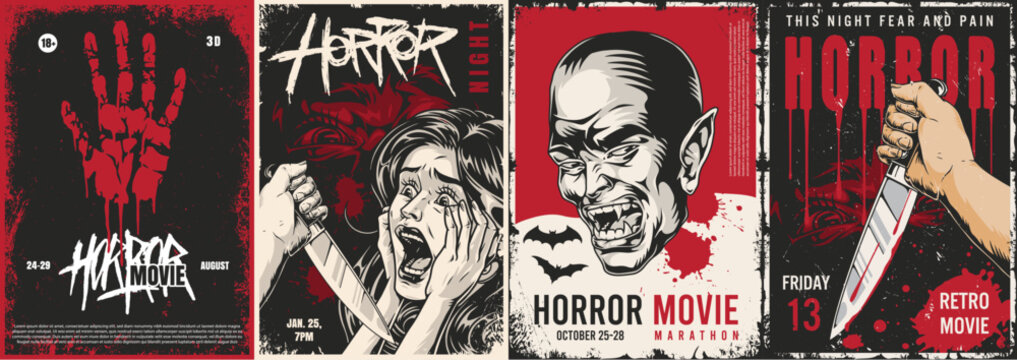 Retro horror movie marathon poster set