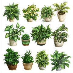 Various potted plants with different types of greenery arranged together The scene highlights the diversity of the plants with different shapes sizes and textures crea