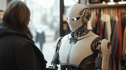 The future of retail and customer service: humanoid robot helping a shopper in a clothing store with artificial intelligence