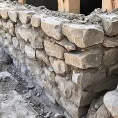 Naklejka premium Close-up of a stone masonry wall under construction, showcasing the textures of the stones.