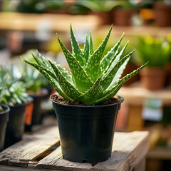 a realistic photo of a Aloe Vera in a pot in the garden center of a store The focus is on the plant award winning garden magazine style photorealistic 35 mm