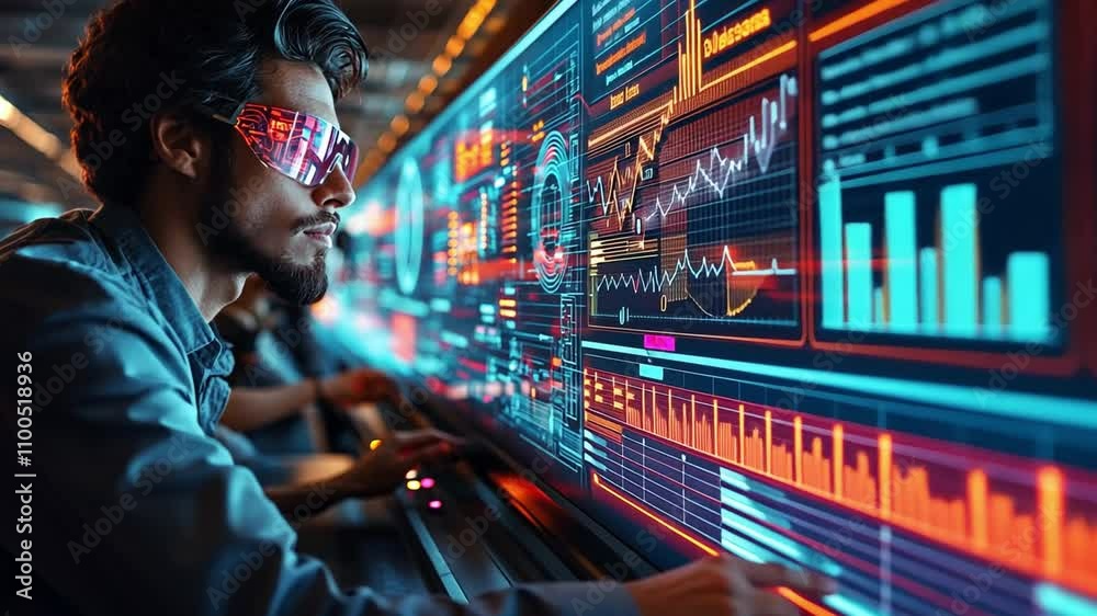 Poster young man interacts with an advanced data visualization display in a modern workspace