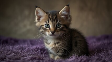 Fototapeta premium Adorable tabby kitten with striking green eyes sits on a purple fluffy blanket.