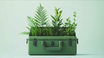 a photorealistic image of a green toolbox against a white background There are plants growing out of the toolbox