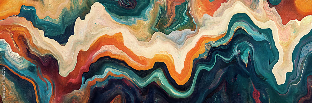 Poster colorful abstract design with flowing waves of orange, teal, and cream tones created with fluid art 