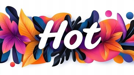 Fototapeta premium Vibrant and colorful design featuring the word 'Hot' surrounded by tropical leaves and flowers.