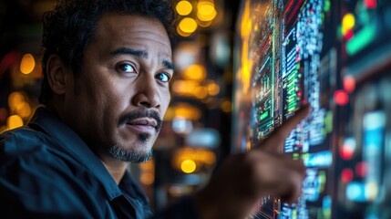 Fototapeta premium African mix engineer working as operator controller with data base from Scada system on computer screen.