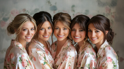 Bridesmaids in matching floral robes posing together before a wedding celebration