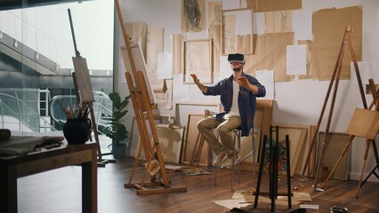 An Artist Uses VR to Immerse Himself in a Virtual Studio, Creating and Exploring New Artistic Worlds. Combines Traditional Art Techniques with Modern Digital Tools in an Innovative Virtual Environment