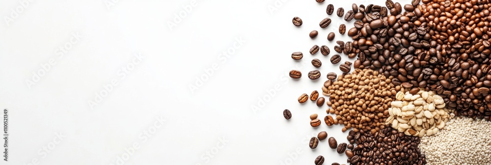 Poster coffee beans in different varieties are spread across a clean white surface, highlighting their dive