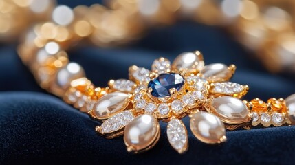 Elegant Vintage Jewelry Close-Up with Sapphire and Pearls