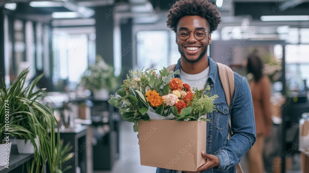 Poster a smiling man stands in a contemporary office space, holding a box filled with vibrant flowers. sunl