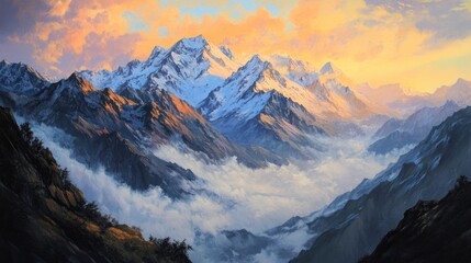 Obraz premium Majestic mountain landscape with snow-capped peaks and a colorful sky at sunset.