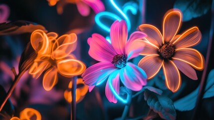 Vibrant Neon Flowers Glowing in Mesmerizing Nocturnal Luminescence Garden Scene