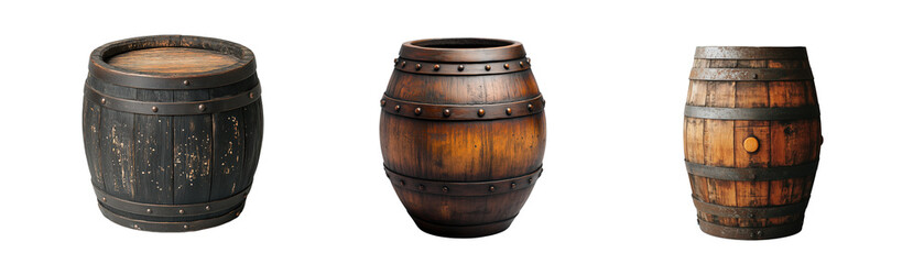 Fototapeta premium Set of three rustic wooden barrels on transparent background, vintage storage containers