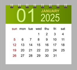 January 2025. Vector monthly calendar template 2025 year in simple style for template design. Week starts from Sunday.