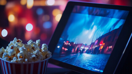Enjoying a streaming movie on a tablet with popcorn in a cozy ambiance during the evening