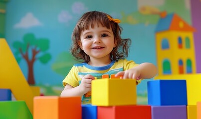 Cheerful child playing with colorful toy blocks in kindergarten