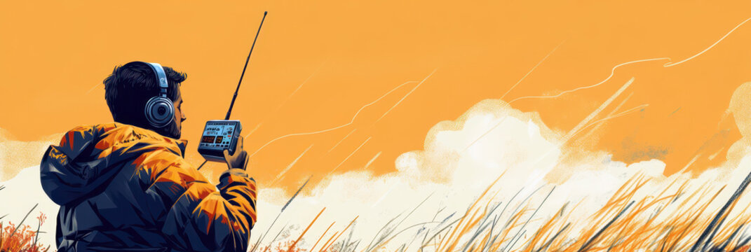 Celebrating World amateur radio day with outdoor enthusiasts exploring communication. Horizontal banner. Copy space. Flat illustration