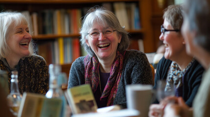 Friends enjoying lively conversation and laughter during a cozy book club meeting at a local library in the afternoon