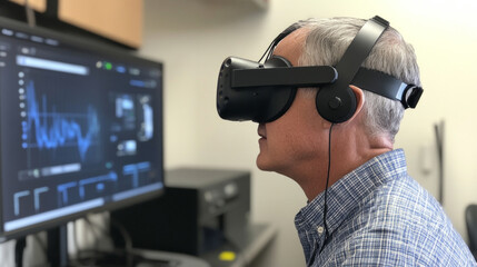 Person using virtual reality headset to analyze data in a research lab setting during work hours
