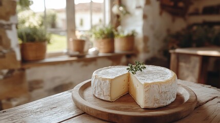 Block of fresh artisan cheese with sprigs of rosemary and lavender flowers on a wooden board by sunny window, rustic farmhouse kitchen vibes, gourmet food style.