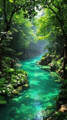 Fototapeta premium Emerald waters flow gently through the forest, natural scenery, gentle stream