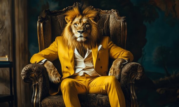 Confident lion in stylish yellow suit, sitting on an armchair like a boss