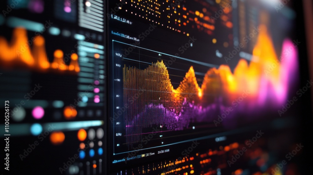 Poster vibrant data visualization display with dynamic graphs and charts in bright colors