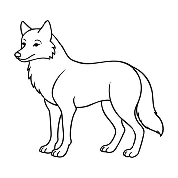 Black and white line art of a standing wolf with a calm expression, Simple, clean design.