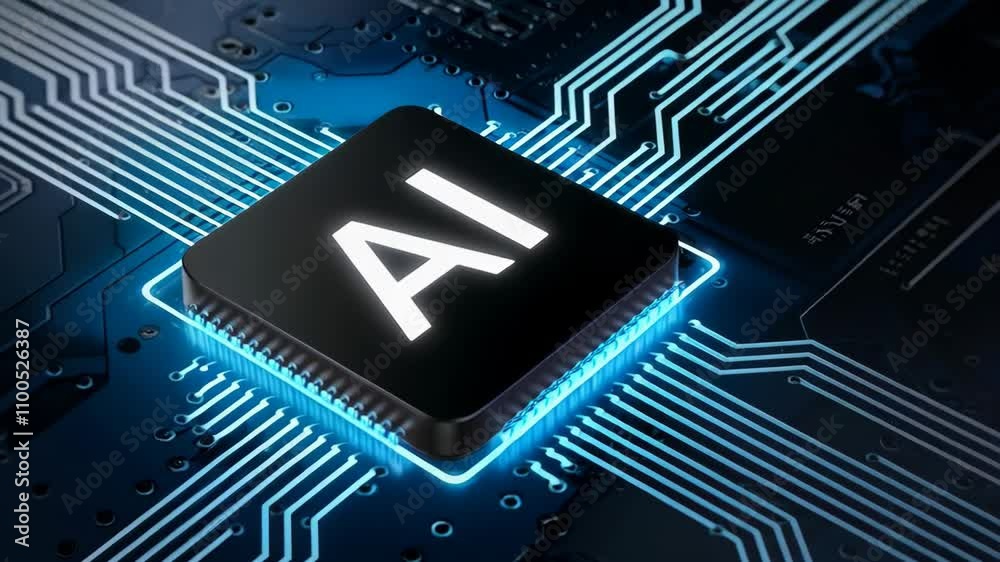Poster Future AI processor chip on circuit board. Artificial intelligence and machine learning concept. IT industry, digital technology. Tech 3D background animation. Neural networks. Computer motherboard