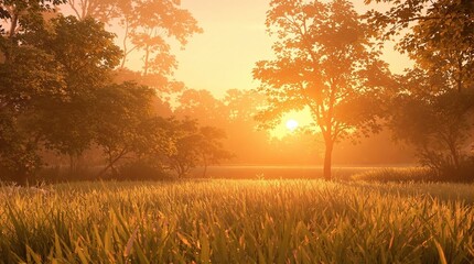 Obraz premium Gentle orange hues of sunset filtering through trees and foliage in the background with blurred grasses ahead, natural scene, sunset field, trees in focus