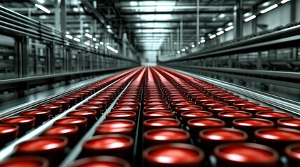 Obraz premium Interior of a cutting-edge production facility displays rows of red canned beer moving efficiently along a conveyor belt under bright lighting