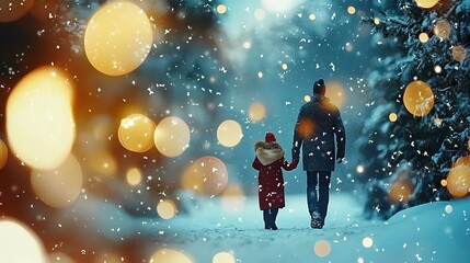   A man and a child stroll through the snow, surrounded by a towering Christmas tree and dazzling twinkling lights