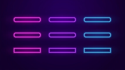 Obraz premium Glowing neon colors buttons set. Action button bright frames. Vector illustration