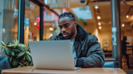 Fototapeta premium A fashionable man, dressed in a sleek suit, sits in a contemporary chair with a laptop in hand, exuding confidence and style.