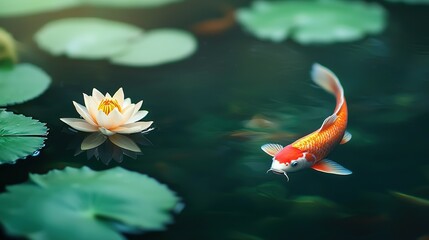   A koi fish swims in a pond surrounded by lilies