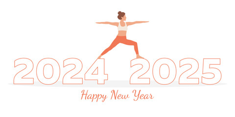 New Year numbers 2024 and 2025. Woman demonstrating yoga pose, stretching, exercising. Holiday design, invitation, calendar poster, banner. Vector illustration isolated on white background