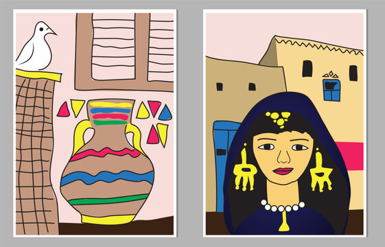 Woman from upper Egypt , Egyptian house, creative freehand composition in contemporary abstract style with colorful geometric elements. Tempura design for print, canvas, poster