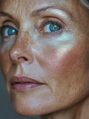 Fototapeta premium Portrait-oriented close up photo of a mature woman face with light glitter makeup, structured skin, high quality
