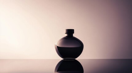 Obraz premium Elegant black perfume bottle on a reflective surface with soft lighting in a serene setting