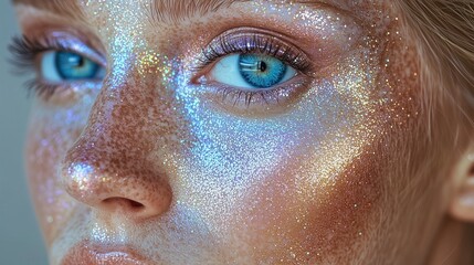 Close up portrait of a girl with blue eyes and glitter makeup