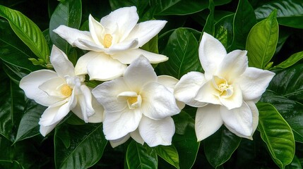 Obraz premium A cluster of white blossoms nestled atop a verdant canopy of dense foliage