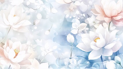 Obraz premium Graceful floral background with lotus flowers and petals on a soft blue backdrop with copy space