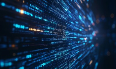 Obraz premium Illustration of code compiling like the Matrix background from top down, blue colored lines, dark background