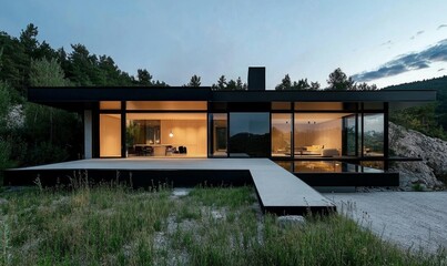 Obraz premium Front modern contemporary house design transparent house minimal style, materials glass and black frames, nature, Located in mountains