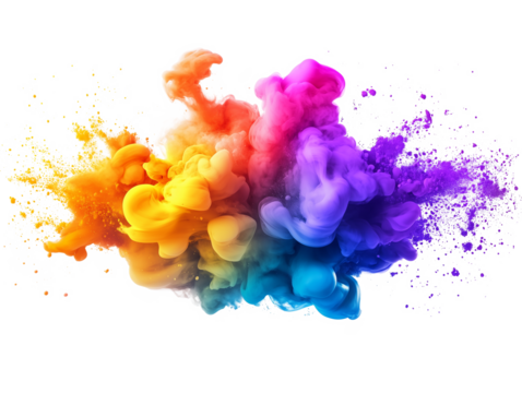 Colorful abstract smoke swirling in vibrant shades of orange, purple, and blue against a transparent background
