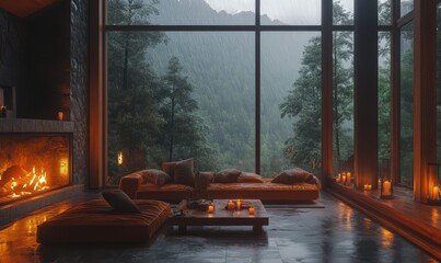 Luxury living room of a beautiful house in the mountain, raining outside, peaceful, trees, wood, fire, light, candles