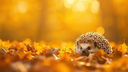 Fototapeta premium In a sun-dappled field surrounded by trees, a hedgehog basks amidst a blanket of golden leaves